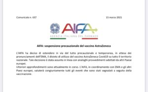 Scopri di più sull'articolo AIFA: sospensione precauzionale del vaccino AstraZeneca